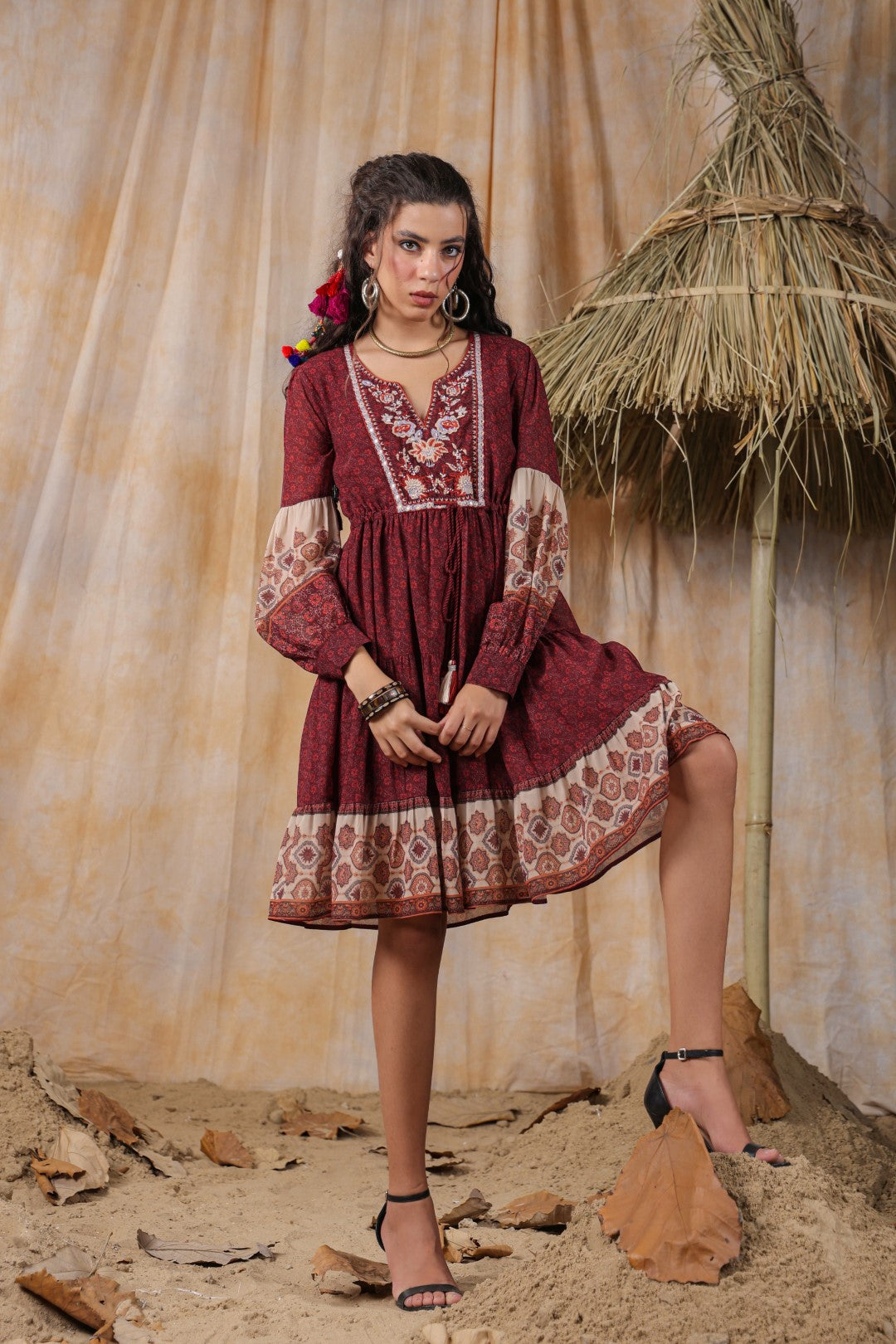 Women Viscose Georgette Printed & Embroidered Mini Flared Dress