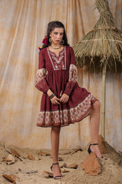 Women Viscose Georgette Printed & Embroidered Mini Flared Dress