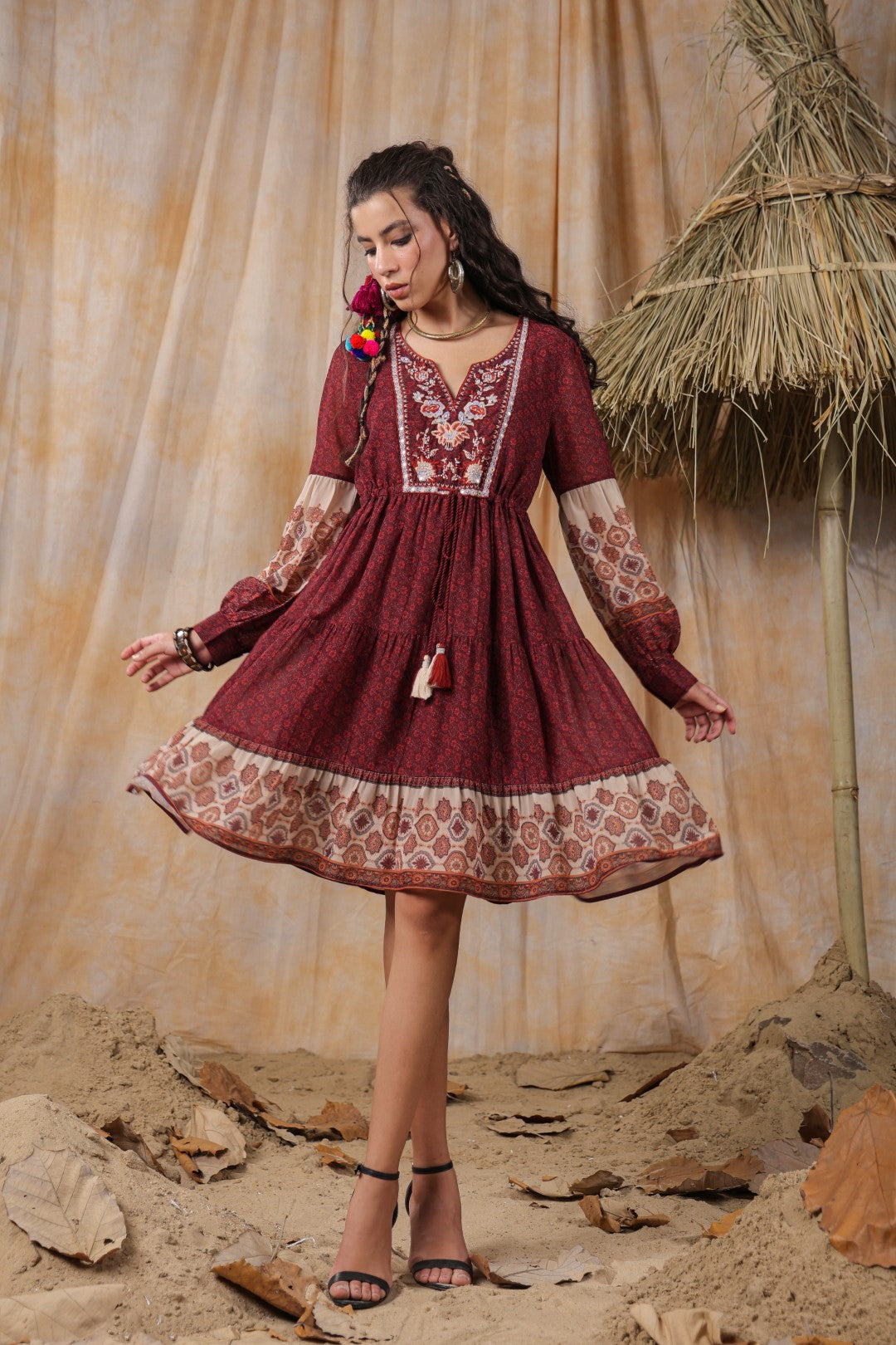 Women Viscose Georgette Printed & Embroidered Mini Flared Dress