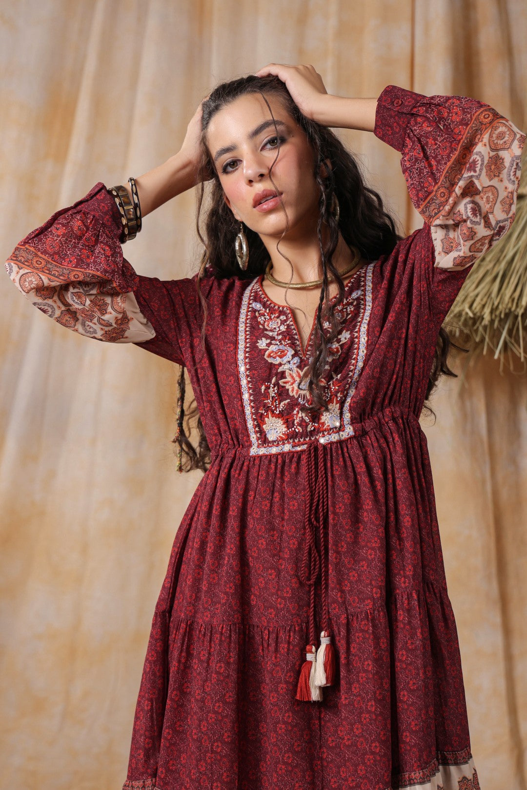 Women Viscose Georgette Printed & Embroidered Mini Flared Dress