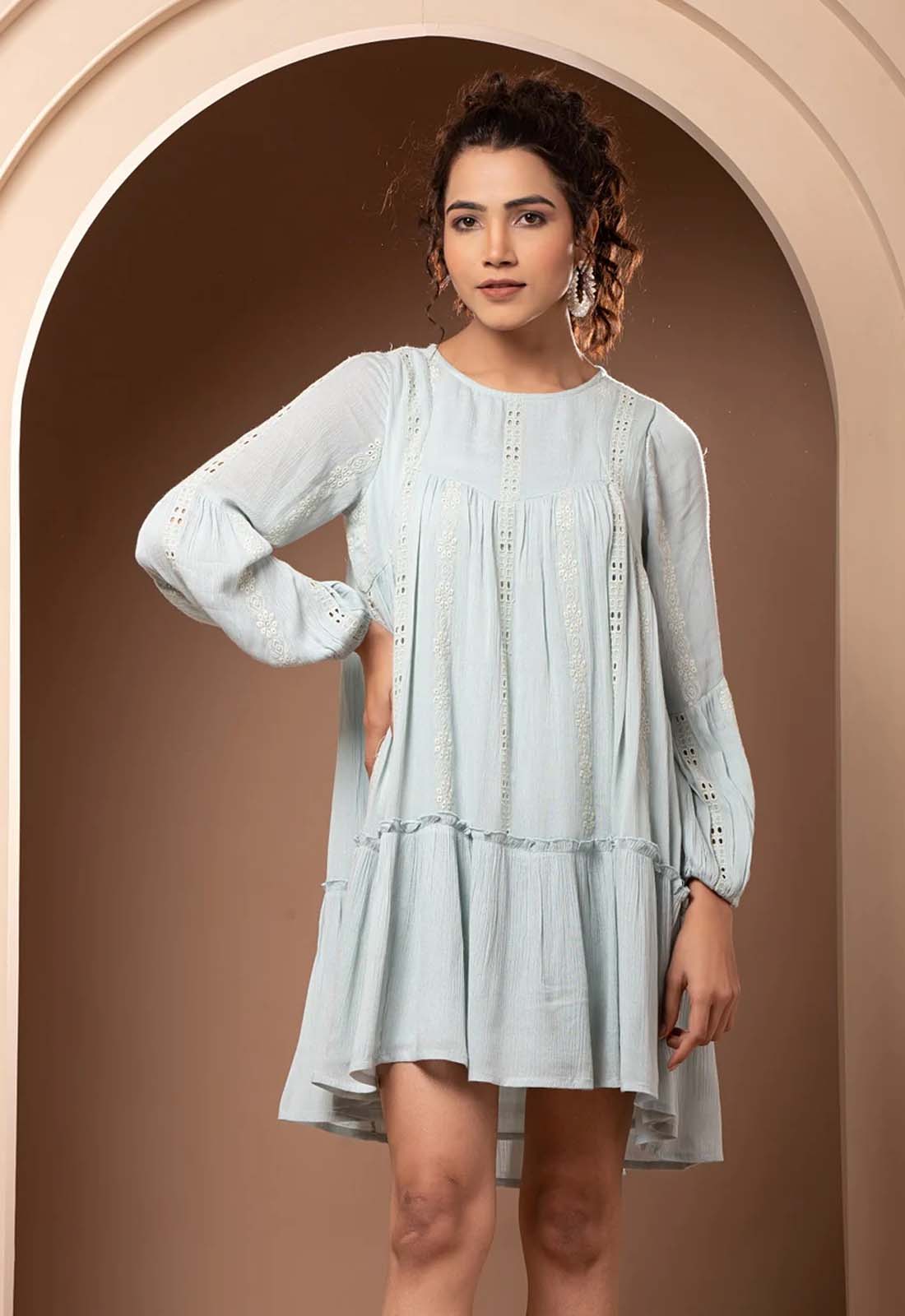 Women Rayon Sky Blue Embroidered Frill Mini Dress