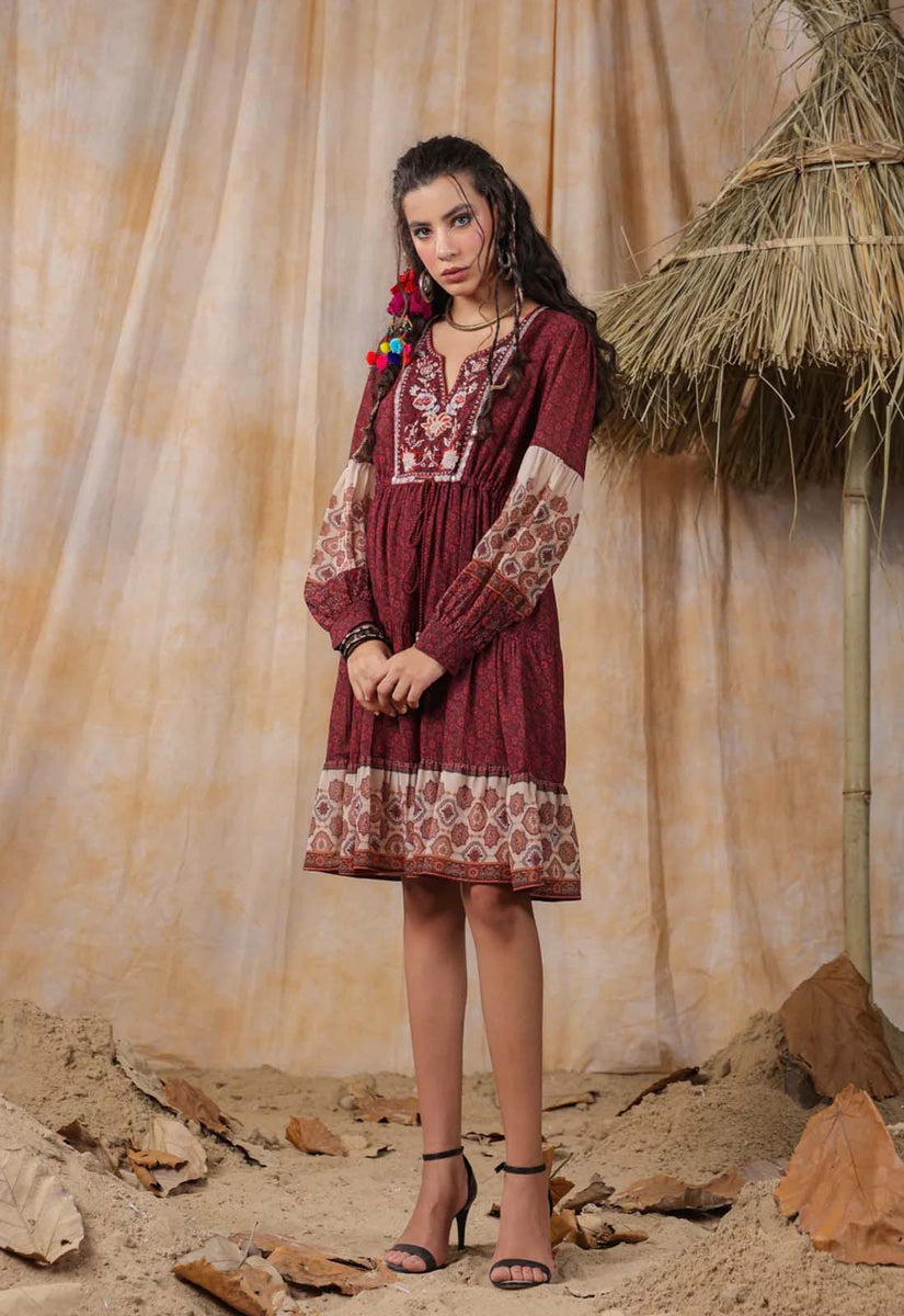 Women Viscose Georgette Printed & Embroidered Mini Flared Dress