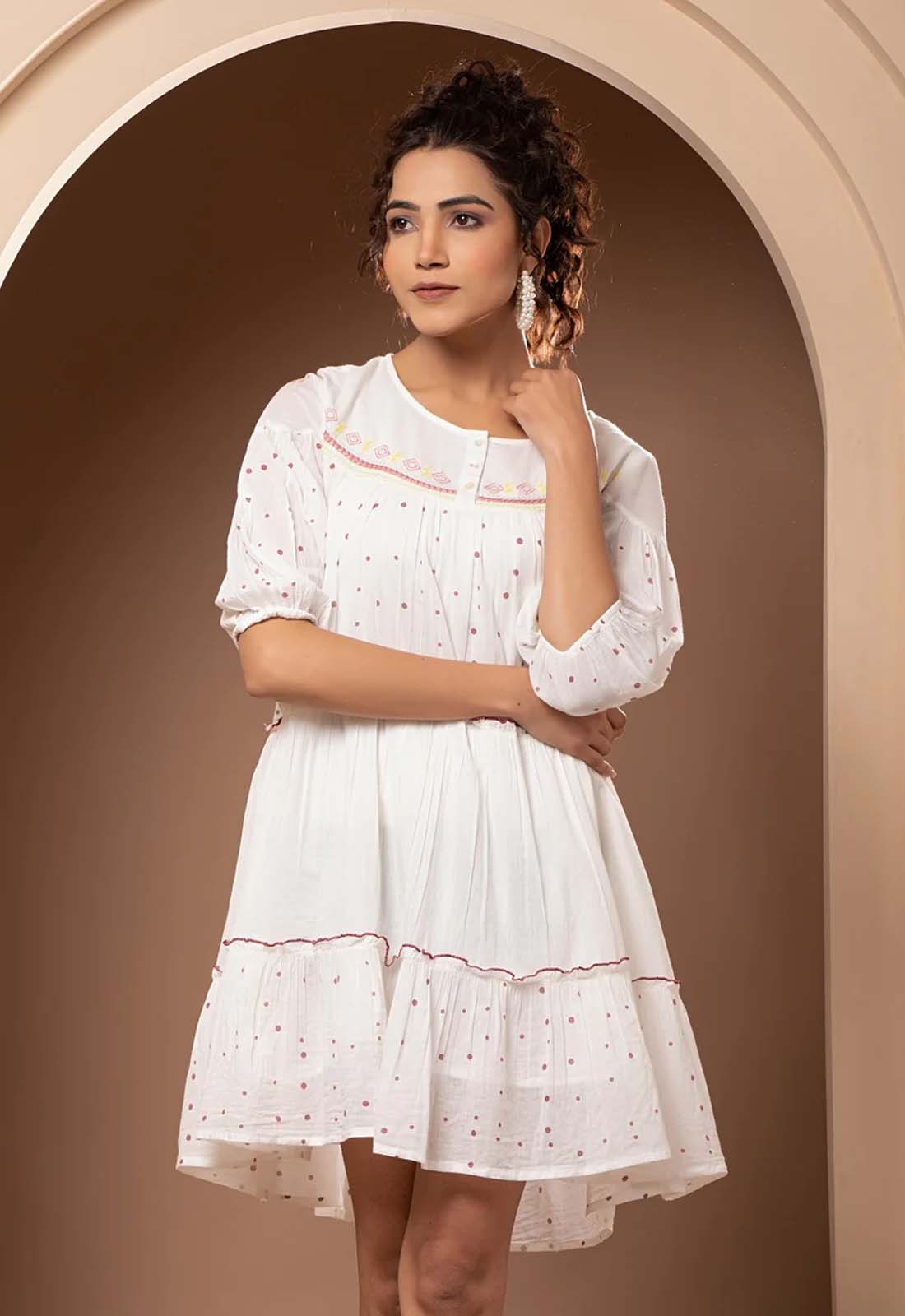 Women White Cotton Embroidered Polka Dot Frill Mini Dress