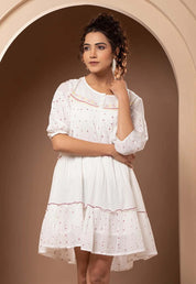 Women White Cotton Embroidered Polka Dot Frill Mini Dress