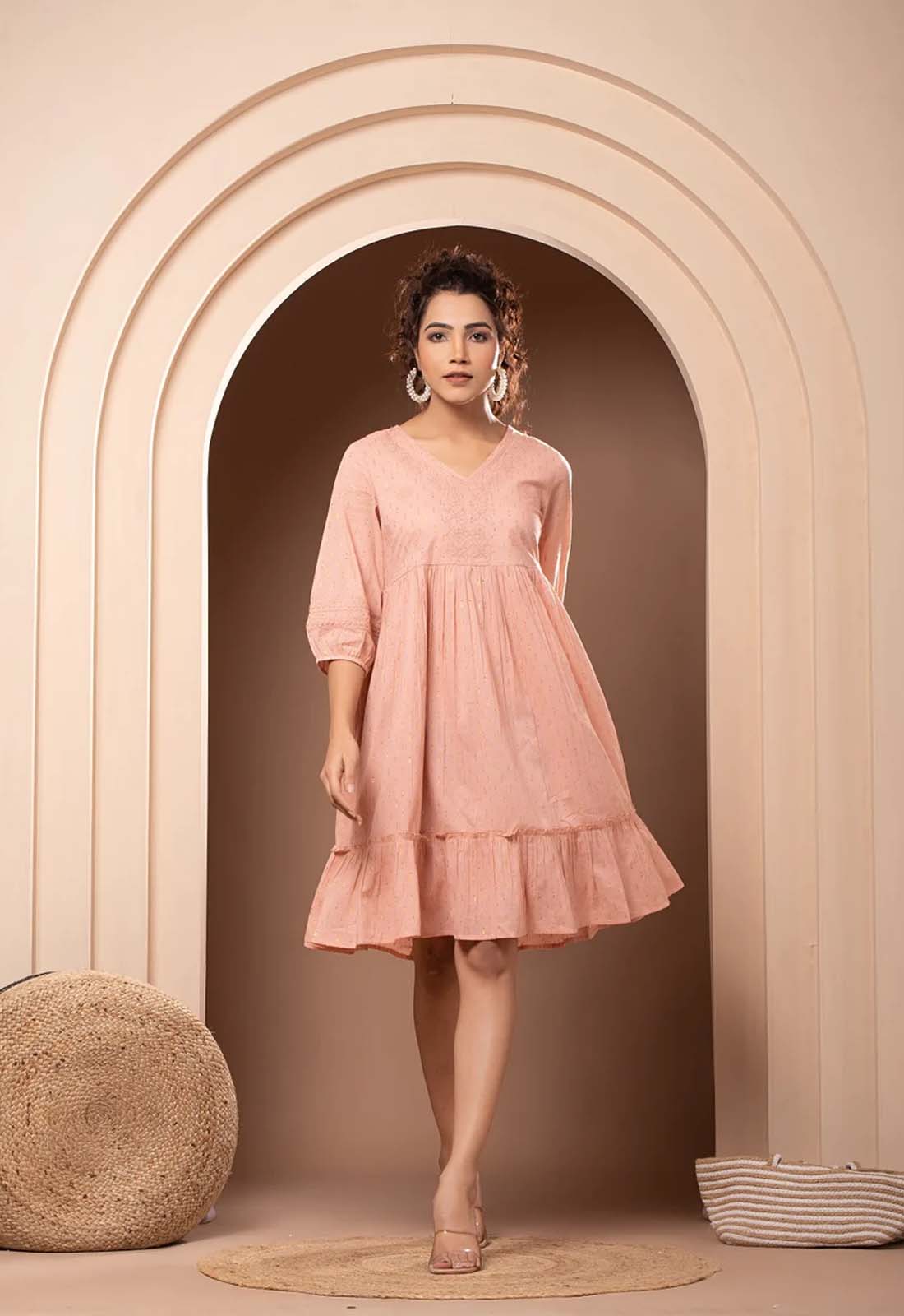 Women Rayon Peach Embroidered Frill Mini Dress