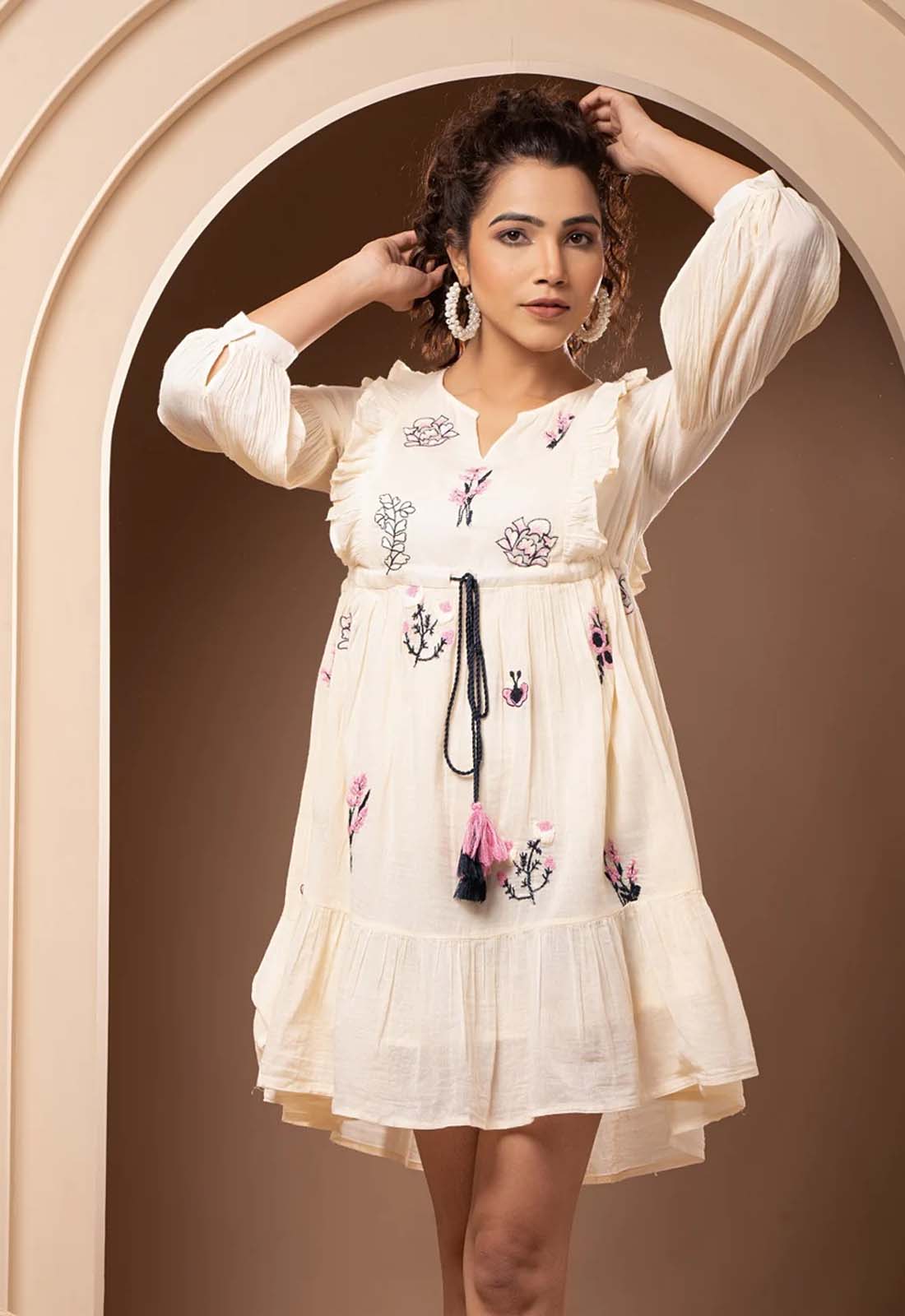 Women Cotton Embroidered Frill Mini Dress