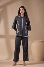 Women Black Solid Cotton Flex Linen Embroidery Co-ord Set