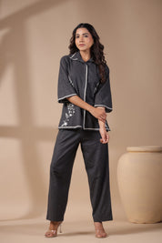 Women Black Solid Cotton Flex Linen Embroidery Co-ord Set