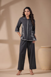 Women Black Solid Cotton Flex Linen Embroidery Co-ord Set