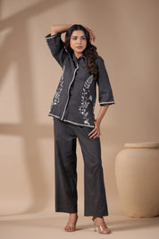 Women Black Solid Cotton Flex Linen Embroidery Co-ord Set