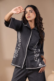 Women Black Solid Cotton Flex Linen Embroidery Co-ord Set