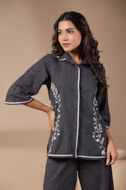 Women Black Solid Cotton Flex Linen Embroidery Co-ord Set