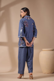 Women Blue Solid Cotton Flex Linen Embroidery Co-ord Set