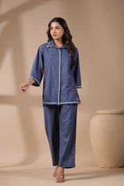 Women Blue Solid Cotton Flex Linen Embroidery Co-ord Set