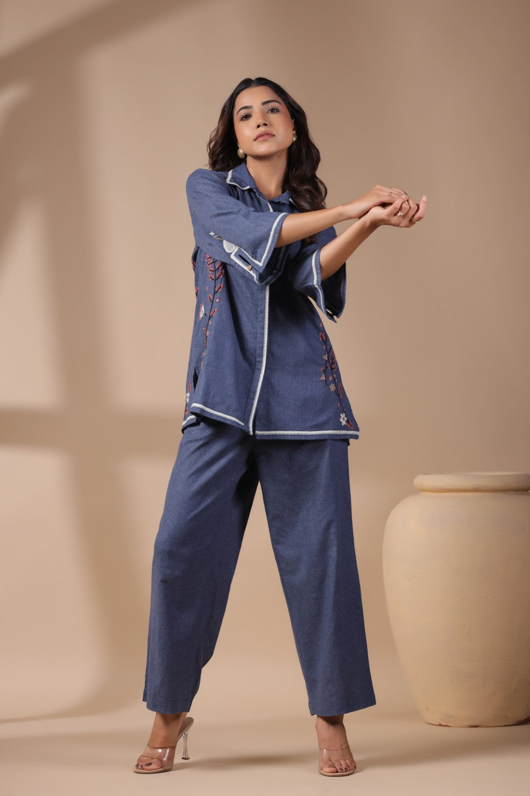 Women Blue Solid Cotton Flex Linen Embroidery Co-ord Set