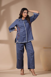 Women Blue Solid Cotton Flex Linen Embroidery Co-ord Set