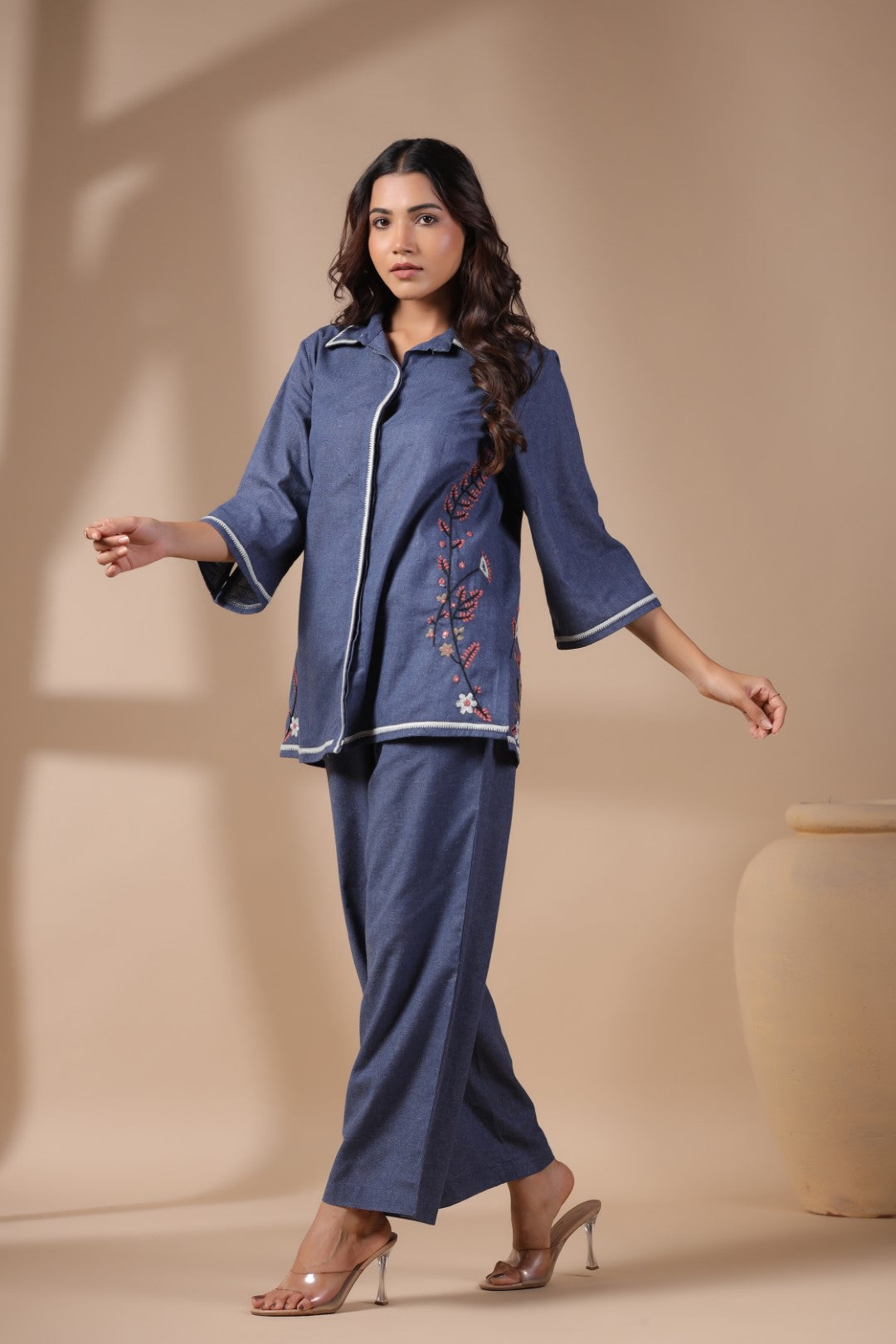 Women Blue Solid Cotton Flex Linen Embroidery Co-ord Set