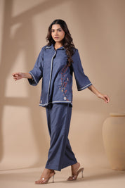 Women Blue Solid Cotton Flex Linen Embroidery Co-ord Set