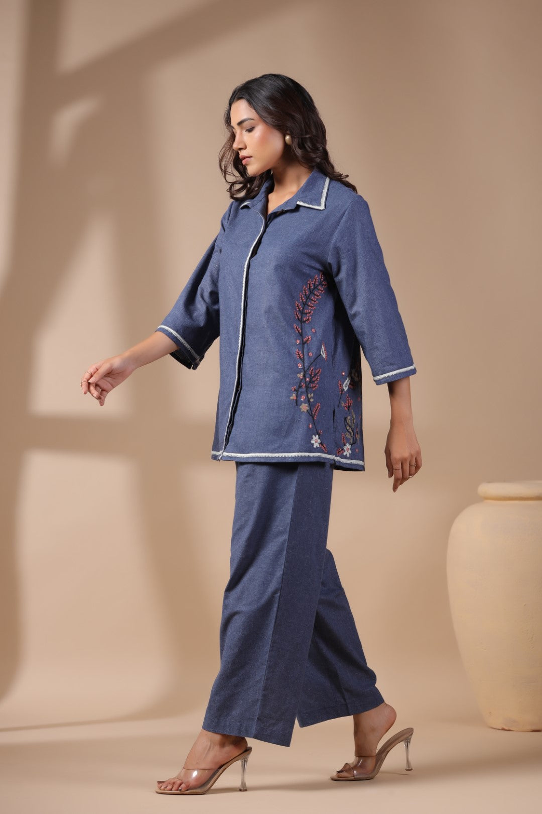 Women Blue Solid Cotton Flex Linen Embroidery Co-ord Set