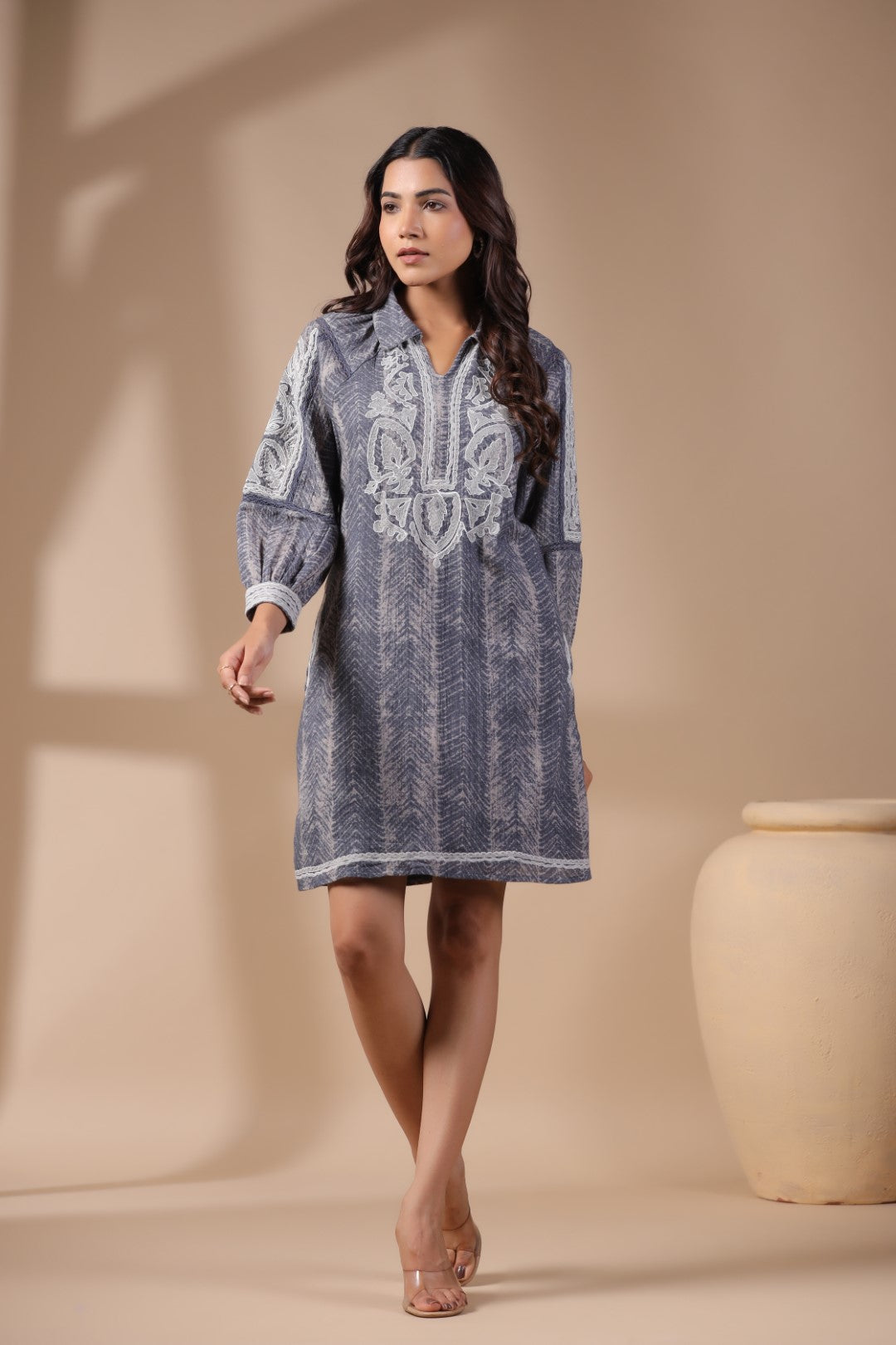 Women Grey Cotton Embroidery Dress