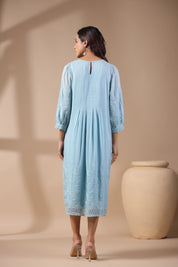 Women Blue Viscose Modal Solid Embroidery Dress