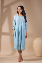 Women Blue Viscose Modal Solid Embroidery Dress