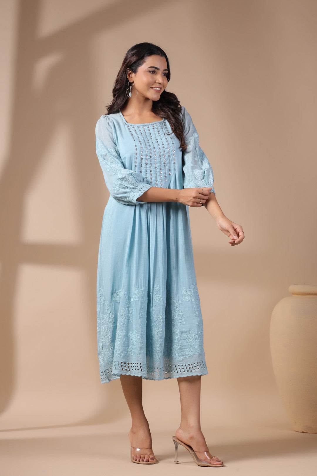 Women Blue Viscose Modal Solid Embroidery Dress