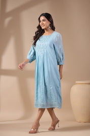 Women Blue Viscose Modal Solid Embroidery Dress