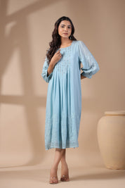 Women Blue Viscose Modal Solid Embroidery Dress