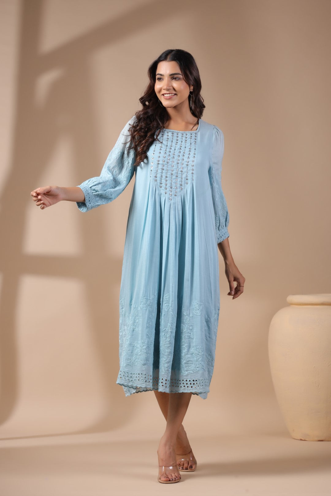 Women Blue Viscose Modal Solid Embroidery Dress