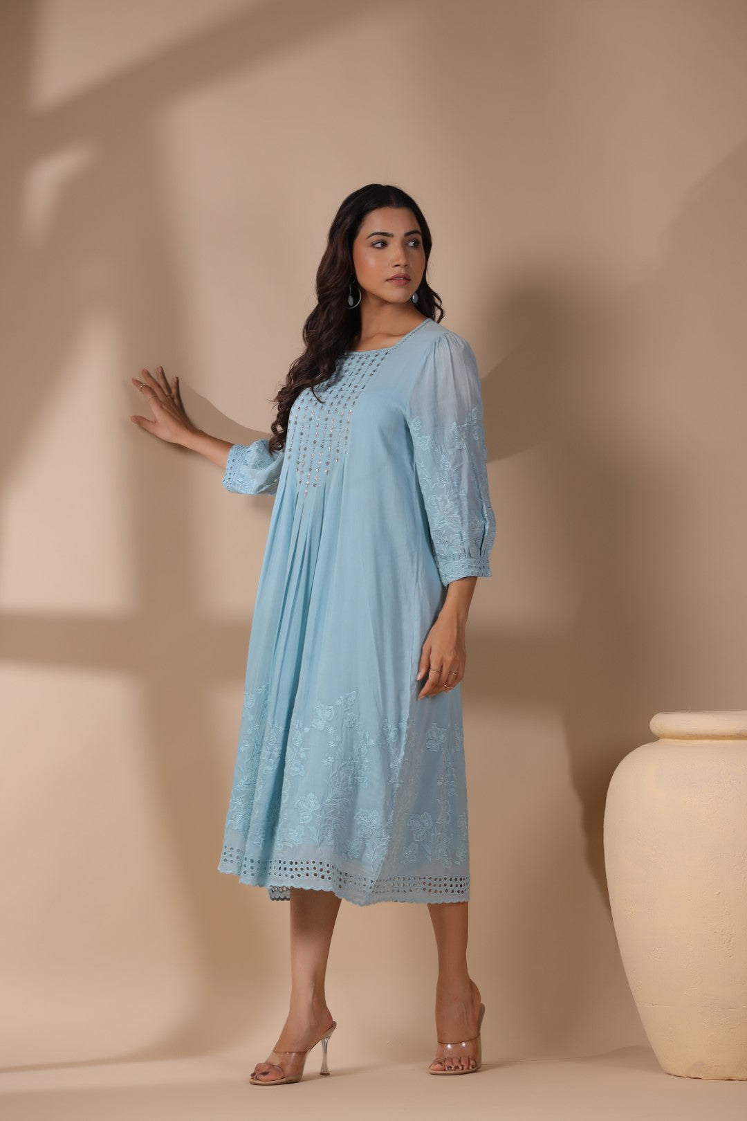 Women Blue Viscose Modal Solid Embroidery Dress