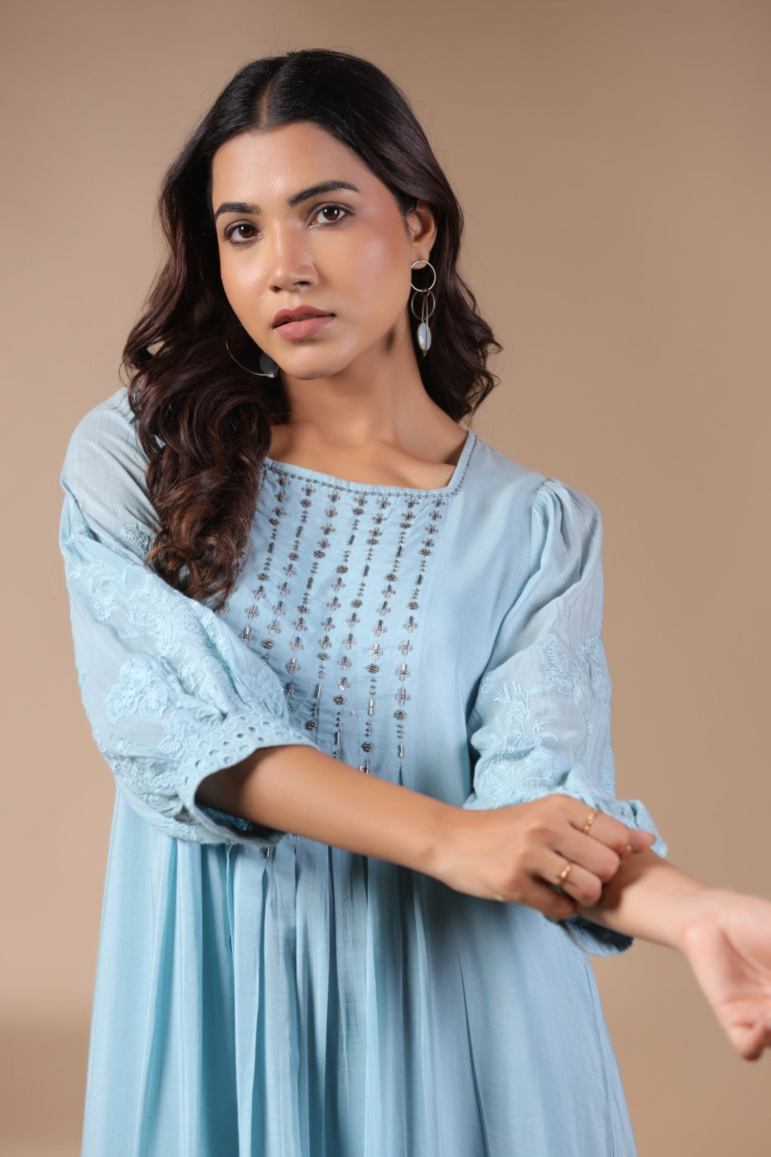 Women Blue Viscose Modal Solid Embroidery Dress