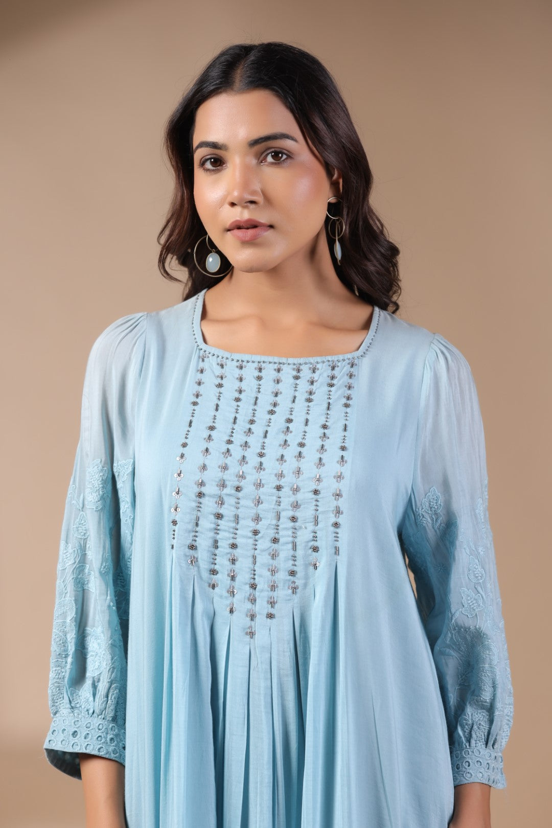 Women Blue Viscose Modal Solid Embroidery Dress