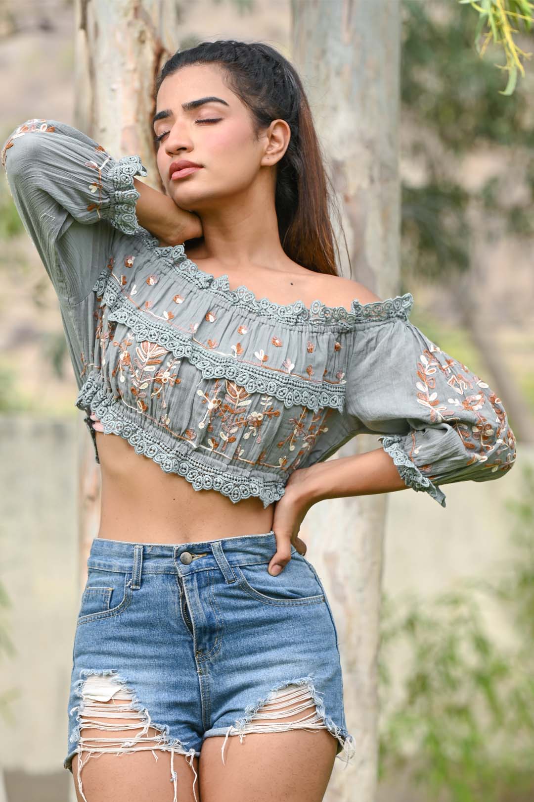 Women Cotton gauze Embroidered & Lace Work Crop Top