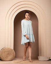 Women Rayon Sky Blue Embroidered Frill Mini Dress