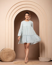 Women Rayon Sky Blue Embroidered Frill Mini Dress