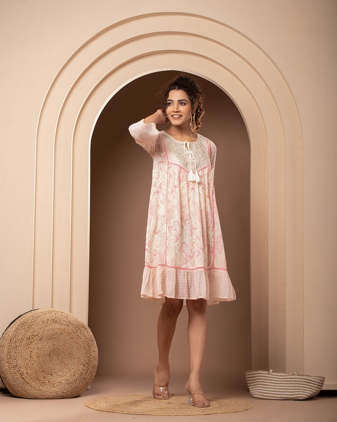 Women Cotton Printed Zari Embroidery Mini Dress