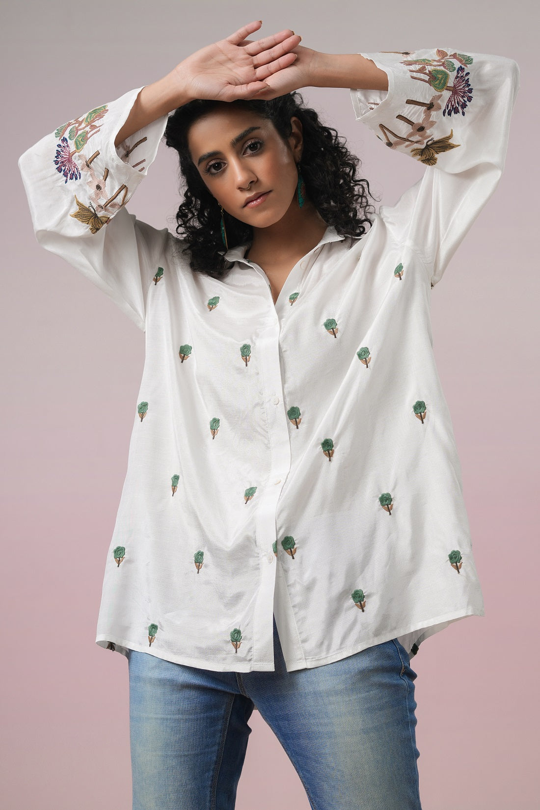 Women  Polyester Fabric Green Embroidery Embroidery Shirt