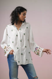 Women  Polyester Fabric Green Embroidery Embroidery Shirt