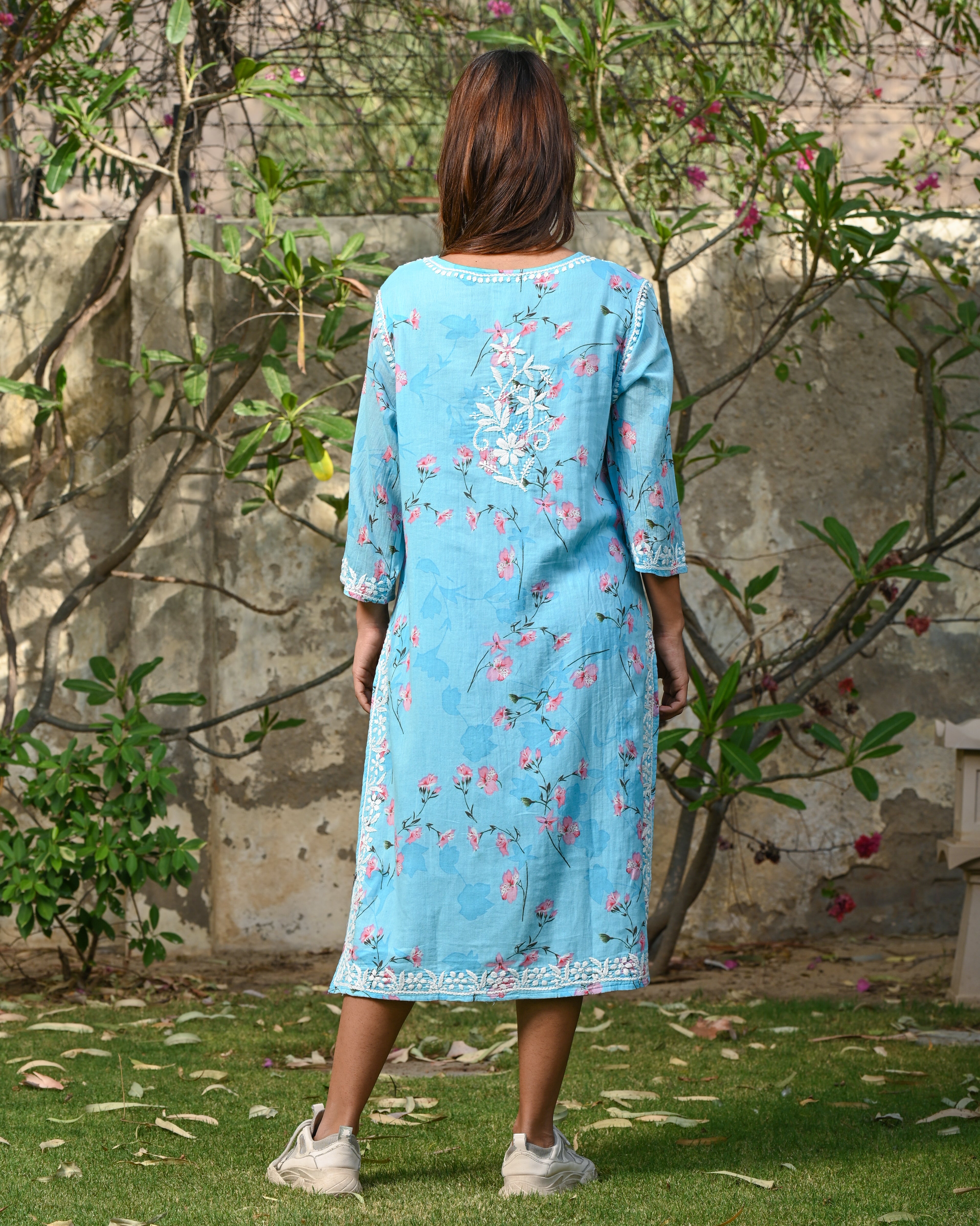 Women Cotton Chikankari Embroidered Midi Dress