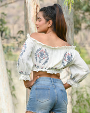 Women Cotton Embroidered Lace Work Crop Top