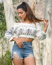 Women Cotton Embroidered Lace Work Crop Top