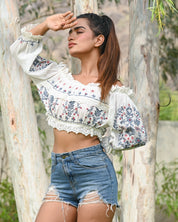 Women Cotton Embroidered Lace Work Crop Top