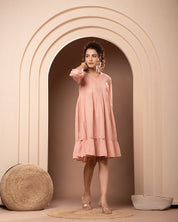 Women Rayon Peach Embroidered Frill Mini Dress