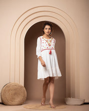 Women Rayon White Embroidered Flared Mini Dress