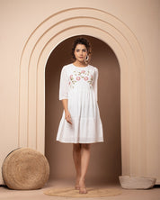 Women White Cotton Embroidered Mini Dress