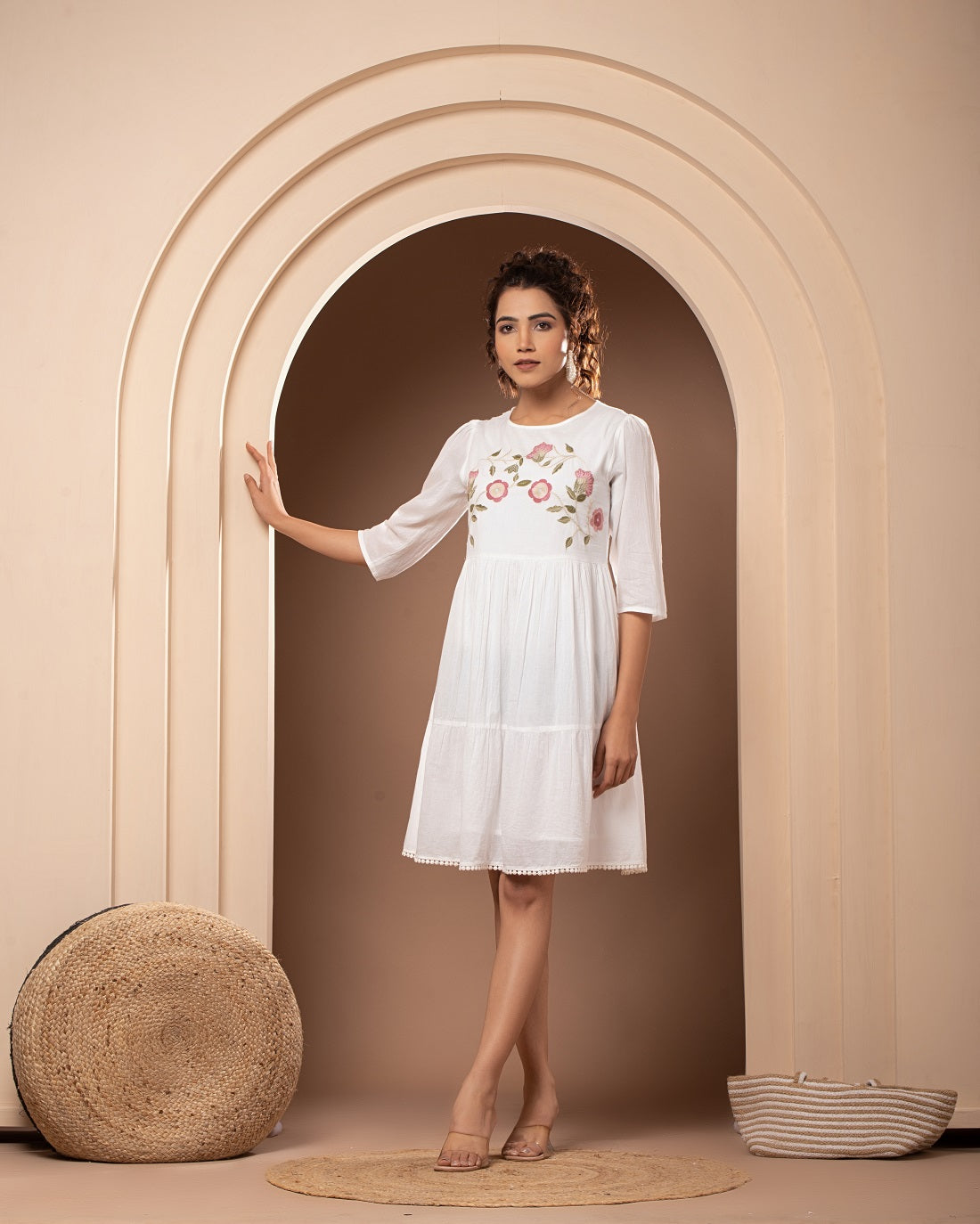 Women White Cotton Embroidered Mini Dress