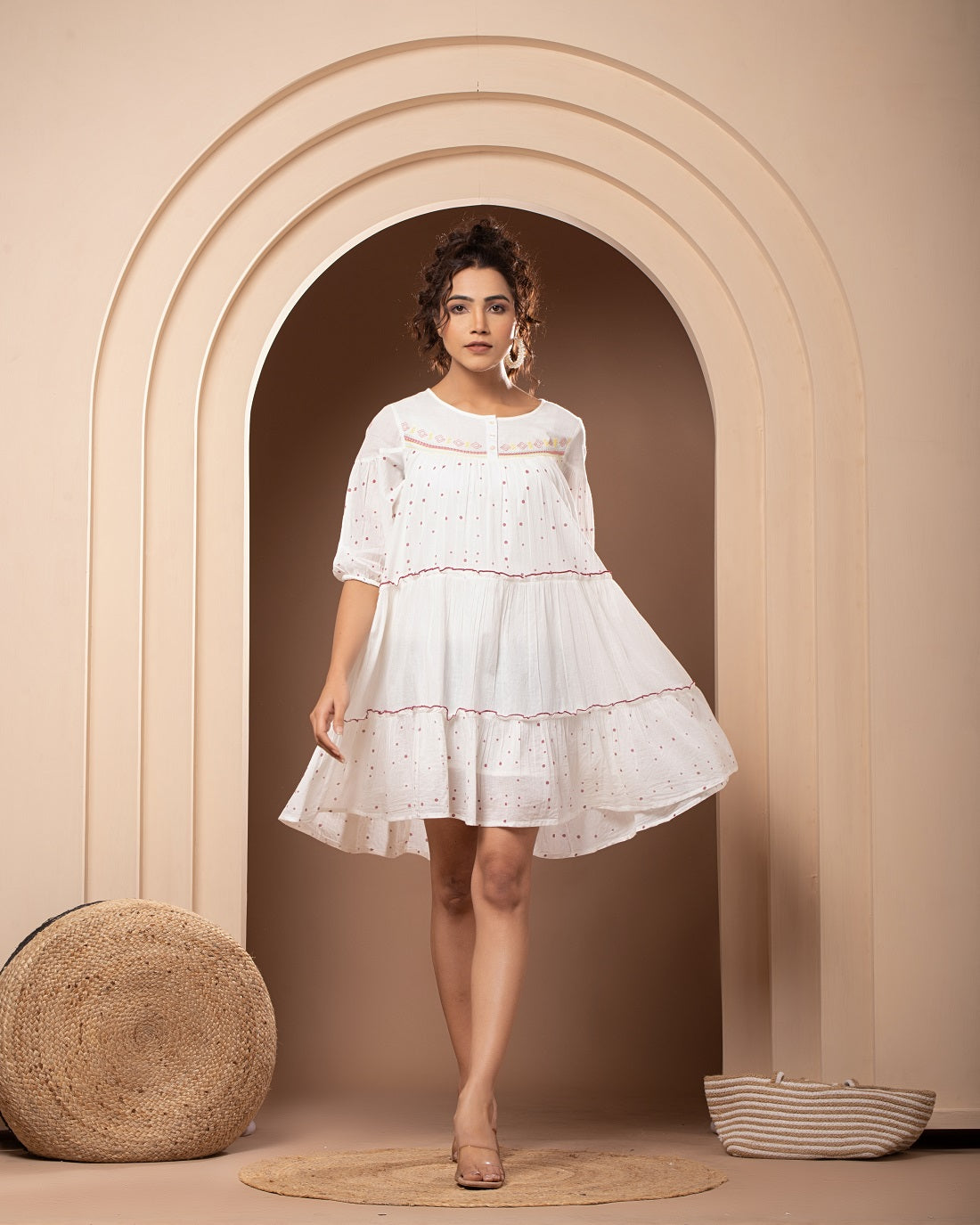 Women White Cotton Embroidered Polka Dot Frill Mini Dress