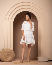 Women White Cotton Embroidered Polka Dot Frill Mini Dress