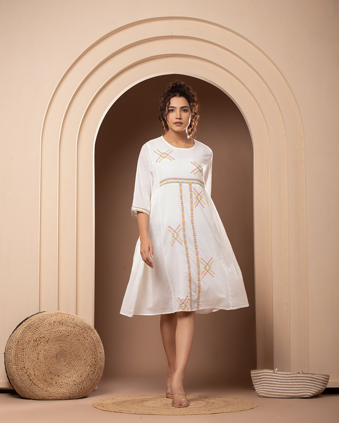 Women Cotton Embroidered Flared Midi Dress